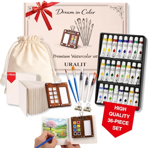 Mini Watercolor Paint Set with 24 Colors – Compact Travel Art Kit with Sketchbook, Paint Pens, 5 Brushes, Wooden Palette & Carry Bag – Portable Watercolor Kit for Painting On-the-Go, Gift for Artists & Beginners