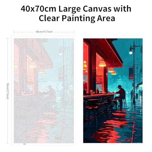 ARTGOTO Large Paint by Numbers for Adults Rainy Night Cafe | 15.7x27.5inch/40x70cm Paint by Number Kit on Canvas, Urban Street Acrylic Painting Set with Brushes, No Frame - color: PBN058