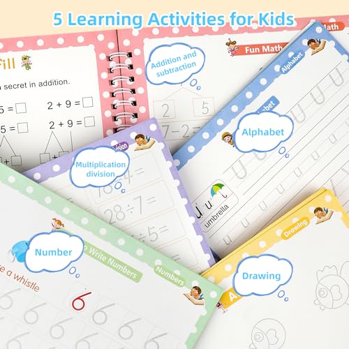 LUCKFUTURE Large Handwriting Practice for Kids, Grooved Design | Reusable Magic Copybook Set, Kindergarten Preschool Learning Activities Workbook, 5 Books with Pens - size: Large Handwriting Practice Books