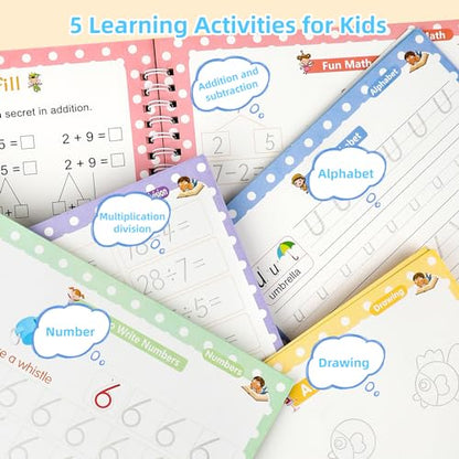 LUCKFUTURE Large Handwriting Practice for Kids, Grooved Design | Reusable Magic Copybook Set, Kindergarten Preschool Learning Activities Workbook, 5 Books with Pens - size: Large Handwriting Practice Books