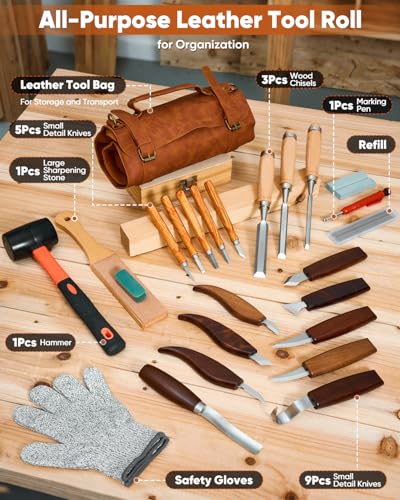 SakerNeo 25-Piece Wood Carving Kit Whittling Kit with Leather Storage Bag | Wood Carving Tools wood carving set Includes Gouges, Chisels, Knives – Ideal Woodworking Set for Beginners & DIY Gift - color: Brown 25pcs