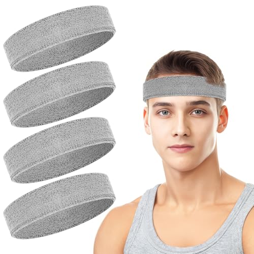 4 Pack Cotton Terry Sweat Headbands for Men Women Running Gym - color: Gray