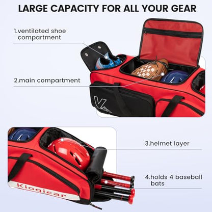 Catchers Gear Bag with Wheels for 4 Bats, 80L Rolling Baseball Bag - color: Red