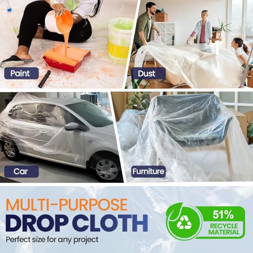 20 Pack 12 x 9 ft Extra Large Plastic Drop Cloth for Painting | Light & Durable Tarp Cover for Furniture Plastic Clear Tarp Waterproof - Paint Floor Covering - Painters Drop Cloth Sheeting - size: 20 Pack