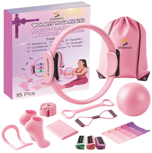 Yoga Pilates Ring Set for Home Workouts – 18 Pcs Fitness Kit for Women – Resistance & Toning Accessories with Circle Ring, Ideal for Full Body Toning & Flexibility - color: Pink