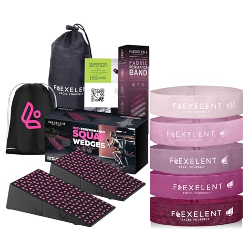 Flexelent Pink Squat Wedge Block & Fabric Resistance Bands Bundle - Heel Elevated Squat Wedge for Weight Lifting with Short Fabric Exercise Bands for Legs, Glutes, and Strength Training