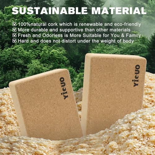 YIGUO 2 Pack Cork Yoga Blocks | Natural Eco-Friendly High Density Non-Slip Yoga Blocks for Women & Men | 9x6x3 Inches for Yoga, Pilates, Stretching