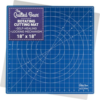 The Quilted Bear 18" x 18" Rotating Self-Healing Cutting Mat, Blue | Square Mat, 360° Rotation, Locking Mechanism, 5-Layer Surface, Non-Slip Base, Clear Inch Grid & Angle Guides for Quilting - color: Blue, size: 18"L x 18"W