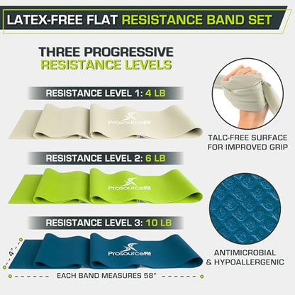 ProsourceFit Latex-Free Flat Exercise Bands Set, 3 Resistance Levels for Physical Therapy, Stretching, Yoga, and Pilates