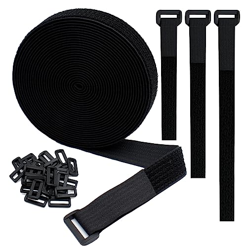 YiwerDer 1"x20FT Hook and Loop Straps, with 30 Plastic Buckles, Adjustable Fastening Cable Straps, Cut-to-Length Cinch Strap, Reusable Nylon Securing Cord Ties for Organizer or Storage - Black - style: 20FTx 1Inch
