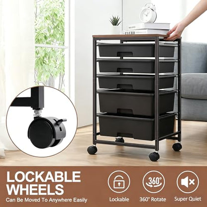 SYKIARIOL 5-Tier Rolling Cart with Drawers with Wooden Top, Black | Mobile Craft Storage Drawer Cart Trolley for Home Office, Classroom, Craft Room & Kid Room - color: Black
