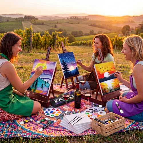 Cholemy 114 Pcs 16 Set Sip and Paint Kit for Adults 8'' x 10'' Pre Drawn Canvas Acrylic Painting Set Apron Brush Palette Date Night Party Supplies