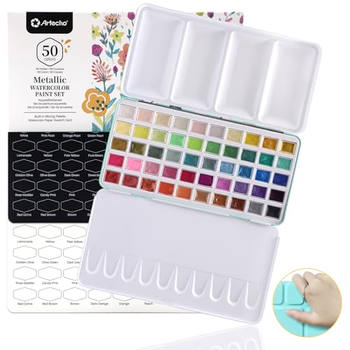 Artecho 50-Color Metallic Watercolor Paint Set with Easy-Hold Ring | 50 Metallic Colors with a Shimmer Finish; Includes Black and White Color Charts; Suitable for Dark and Light Paper - style: 50 Colors Metallic