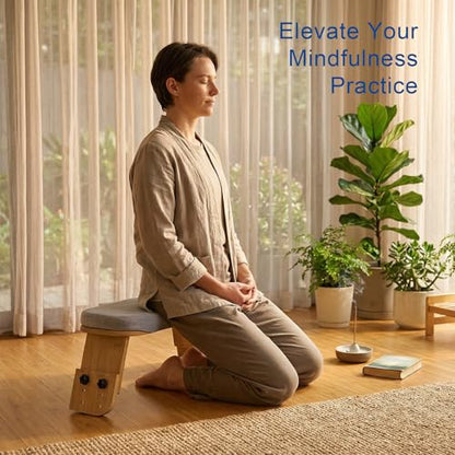 Adjustable Meditation Bench with Cushion, Portable Folding Bamboo Meditation Stool, Ergonomic Kneeling Stool Chair, Portable Yoga Bench Seiza Prayer Bench with Carry Bag & Non-Slip Pads