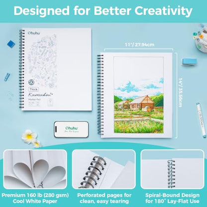 Ohuhu 11"x14" Double-Sided Bleedproof Marker Pad Art Sketchbook 50 Sheets | Large Sketch Book - 160 LB/280 GSM Smooth Drawing Paper - 50 Sheets/100 Pages - Spiral-Bound Sketch Pad for Alcohol Markers - size: 11" x 14"