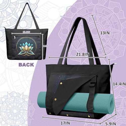 Yoga Bag for Women, Large Canvas Yoga Mat Tote Bag with Yoga Mat Carrier | Large Mat Pocket Fitness Tote for Pilates, Gym, Travel, Office & Beach - color: Black Lotus