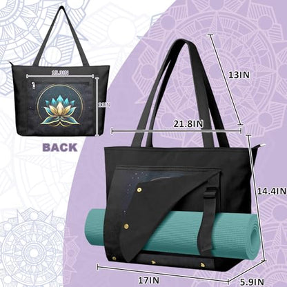 Yoga Bag for Women, Large Canvas Yoga Mat Tote Bag with Yoga Mat Carrier - color: Black Lotus