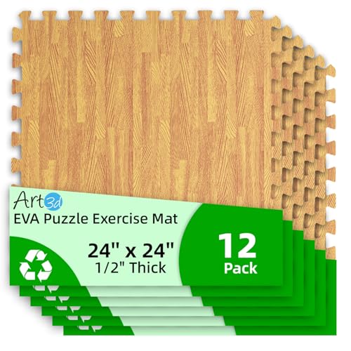Art3d 12 Pack 24" x 24" EVA Interlocking Exercise Mats, 1/2" Thick Foam Puzzle Flooring for Workout, Gym Equipments, Training Areas, 48 Sq.FT, Teak - color: Teak, size: 48 Sq Ft