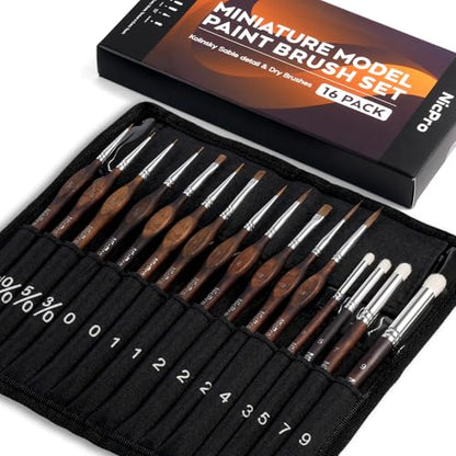 Nicpro 16 PCS Kolinsky Sable Miniature Paint Brushes Dry Brush | Professional Model Paint Brush Set with Cloth Roll, Fine Detail Brush Set for Miniatures, Acrylic & Figures, Model,Watercolor - size: 16 PCS
