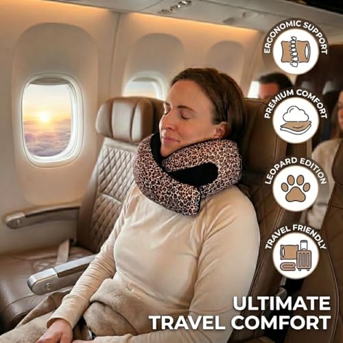 FlyHugz® Neck Travel Pillow Memory Foam Neck Pillow for Comfort on Airplane Compact and Ergonomic Design for Travel, Car Rides, and Home Use Ideal for Adults and Kids. (Leopard Print) - color: Leopard Print