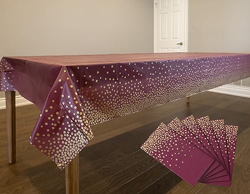 Neatiffy 54 x 108 Inch Rectangle Plastic Table Cloth Picnic/Camping/Birthday Party/Banquet Table Cover. Disposable/Reusable Tablecloths - Burgundy with Golden Dot - color: Burgundy With Gold Dot