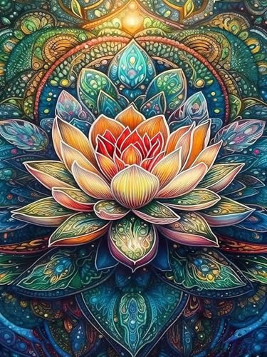 CHWGLFGG 5D Mandala Lotus Diamond Art Kits for Adults Beginners 12x16inch | Floral Diamond Painting Kit, DIY Full Round Drill Paint by Diamonds Dot Gem Art for Adult, Home Wall Decor - color: KM1077-1