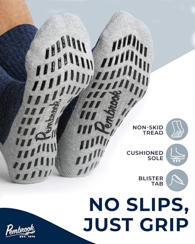 Pembrook Non Slip Crew Grip Socks Men & Women - 4 Pairs | Non Slip Socks for Elderly, Hospital, Pilates, Yoga, Barre, Home - color: Black, White, Gray, Navy - 4 Pairs, size: Large