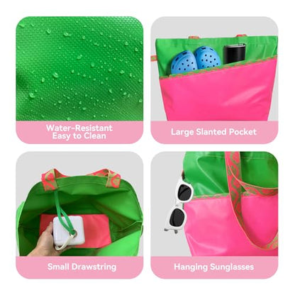 Large Foldable Waterproof Tote Bag, Heavy Duty for Beach & Swim - color: Green/Pink