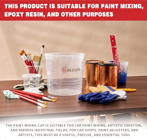 12 Pcs cups and 4 lids 160 oz Graduated Paint Mixing Cups 5 Quart Disposable Clear Paint Mixing Bucket Plastic Epoxy Measuring Cups with Ratios on Side of Cup for Resin, Epoxy, Art