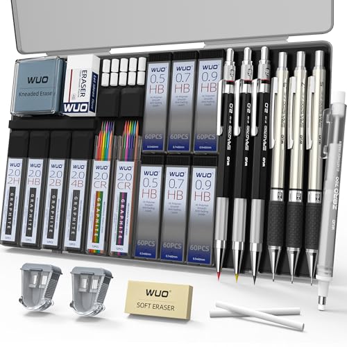 WUO 36PCS Art Mechanical Pencil Set with Storage Case, Metal Drawing Pencil | 0.5, 0.7, 0.9mm & 3PCS 2mm (2H HB 2B 4B Color) & 432 Lead Refills, 1 Eraser Pen, Artist Tech Pencils for Sketching, Drafting - color: Black+Silver1 - 3 Sizes + 2.0mm