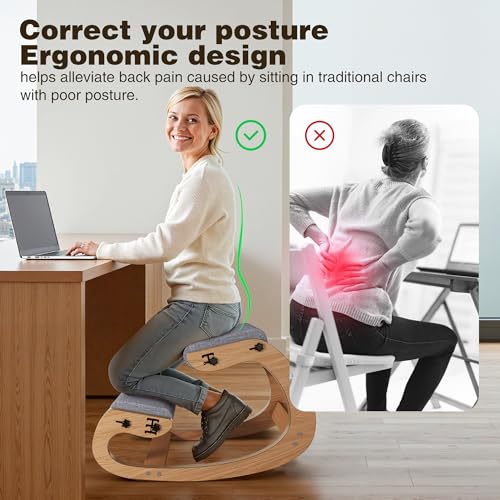 Ergonomic Kneeling Chair with Wooden Frame, Wood - color: Wood