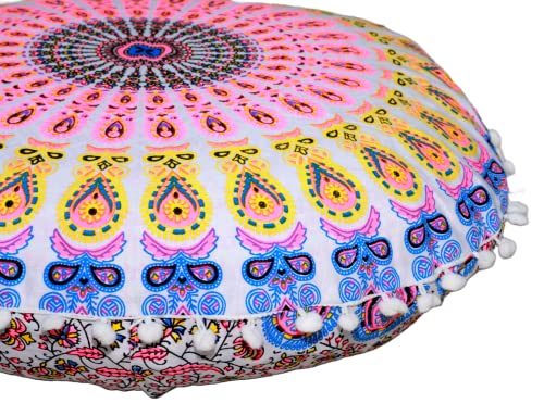 CRAFT KALA 22" Floor Pillows Cover for Sitting, Large Meditation Cushions Cover for Adults, Bohemian Mandala Round Pouf Seating Ottoman Cover for Outdoor Yoga and Living Room Pink Yellow Floral - color: Pink Yellow Floral, size: 22"