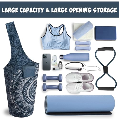 Yoga Mat Bag Carrier for Women with Side Large Pocket Durable Linen Workout Gym Travel Storage Pilates Mats - color: Mandala Circle