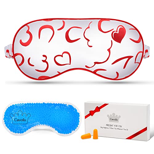 Sleep Mask w/Cooling Gel Eye Mask, Silk Eye Mask for Sleeping, Hot & Cold Eye Masks, Blindfold Reusable Eye Cover Sleeping Mask for Home Office Travel, Gifts for Women (Red Heart) - color: Red_white