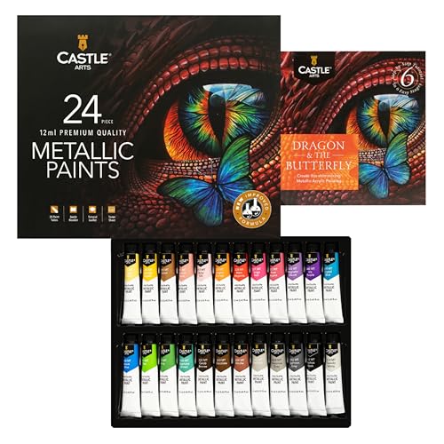 Castle Art Supplies 24 Piece Metallic Acrylic Set for Adults - New Formula | Richer shimmering finish in 24 X 12ml tubes - for adult artists, beginners, and crafters, presentation box included