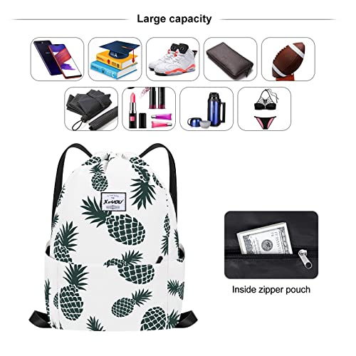 XEYOU Drawstring Backpack Bag Sport Gym Sackpack Beach Cinch Bag | Lightweight Swimming Bag, Water-Resistant Fabric, Travel Daypack for Women and Men - color: Beige Pineapples Pattern