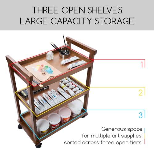 MEEDEN Rolling Art Supply Cart: Solid Beech Wood 3-Tier Storage Trolley - color: Walnut