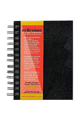 Creative Mark Double Wire Spiral Bound Field Sketch Book [160 Pages - 5 x 7], Black Embossed Leatherette Journal, Light Cream Acid-Free Paper, Perfect for Dry Media and Drawing - size: 5 x 7" - Single