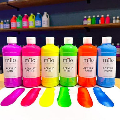 milo Fluorescent Acrylic Paint Set, 6 Neon UV Colors, 16 oz Bottles | Glows in Black Light, AP Certified Non-Toxic, Made in USA, Arts & Crafts Paints for Artists, Student, Hobby Painters, Mixable - style: Fluorescent Set 6 x 16 oz
