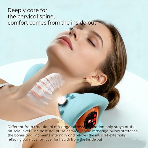 Neck Massager with Heat,3-in-1 EMS Pulse/Vibration/Heating with Remote Control,Electric Cervical Neck Traction Pillows for Pain Relief and Muscle Relaxation Gifts for Women Men(Blue)