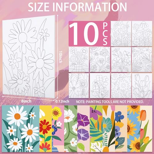 Nuberlic 10 Packs 8X10 Pre Drawn Canvas for Painting Floral Pre Printed Canvas Painting Kit Vibrant Botanical Pre Drawn Canvas to Teens Night Party Supplies - size: 8x10, style: Floral Pattern