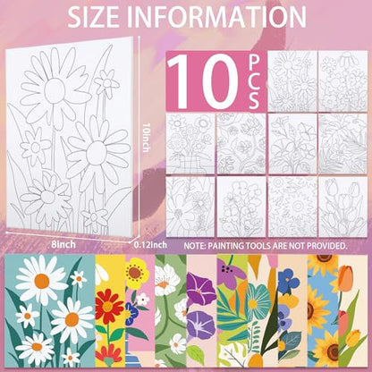 Nuberlic 10 Packs 8X10 Pre Drawn Canvas for Painting Floral Pre Printed Canvas Painting Kit Vibrant Botanical Pre Drawn Canvas to Teens Night Party Supplies - size: 8x10, style: Floral Pattern