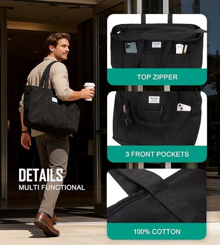 Bagelite Extra Large Canvas Tote for Women Men, Utility Work Bag with Zipper - color: Black