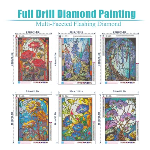 6 Pack Diamond Painting Kits for Adult Flower Diamond Art Kits for Adults | Stained Glass Flowers Diamond Painting for Home Wall Decoration (Flowers, 12x16inch) - color: 6 pcs glass flower set