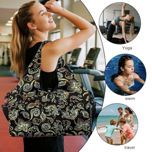 Yoga Gym Bag with Removable Adjustable Shoulder Strap, Shoe Compartment & Top Yoga Mat Holder 17.72x8.66x9.84in - color: Gold Paisley Flower Print