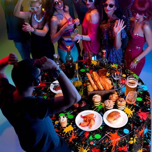Tioncy 3 Pack Neon Glow Party Tablecloths 84 x 84 Inch Round Disposable Plastic Table Covers Paint Splatter Birthday Party Table Cloth for Glow in The Dark Event Black Light Supplies