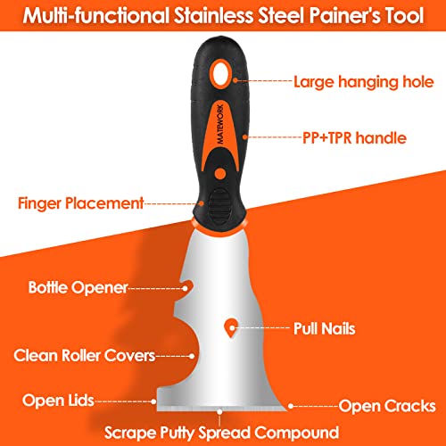 MATEWORK Putty knife,10 Piece Stainless Steel Paint Scraper Tool Set,14" Mud Pan for Repairing Drywall, Removing Wallpaper, Applying Putty, Plaster, Cement, Adhesive | 304 Hardened Stainless Steel, Complete Multi-Size, Rust and Corrosion Resistant, Versat