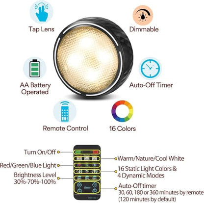 LED Puck Lights with Remote Battery Operated Under Cabinet Lighting Wireless Stick on Lights Color Changing Timer Tap Lights for Cabinets Shelves Closets Display Case - 6Pack Black | 3x1.2in, Wireless, Adhesive Stick on, Push Tap Lights for Cabinet, Kitch