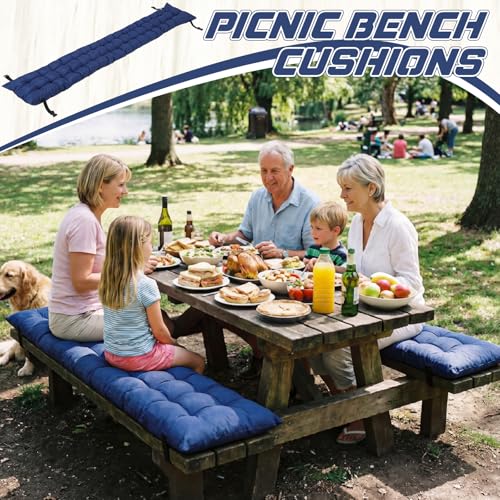 BreezeHug 2 Pcs Picnic Bench Cushion 6' Waterproof Outdoor Picnic Table Seat Cushion with Durable Straps and Buckles, 72" (6ft) x 10" x 3" Tufted Fade Resistant, Folding & Easy to Carry(Navy Blue) - color: Navy Blue, size: 72 x 10 x 3 inches