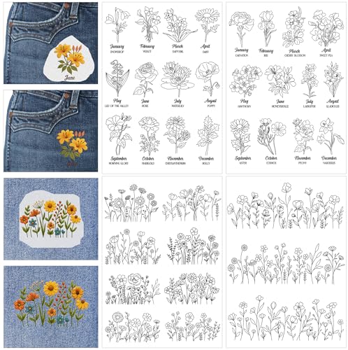 Water Soluble Stabilizer Embroidery Pattern - Birthday Flower Stick & Stitch Embroidery Paper Wash Away, Wildflower Hand Sewing Patterns for Jean Bag T-Shirt (4 Sheets) - style: Flower984